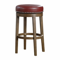 Bara 31 Inch Swivel Barstool, Red Round Faux Leather, Brown Wood, Set of 2 - BM314427