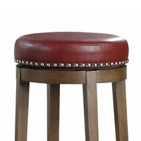 Bara 31 Inch Swivel Barstool, Red Round Faux Leather, Brown Wood, Set of 2 - BM314427