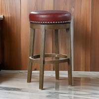 Bara 31 Inch Swivel Barstool, Red Round Faux Leather, Brown Wood, Set of 2 - BM314427