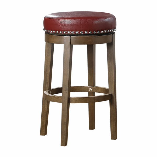 Bara 31 Inch Swivel Barstool, Red Round Faux Leather, Brown Wood, Set of 2 - BM314427