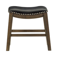 Miel 20 Inch Dining Stool, Black Faux Leather and Brown Solid Wood - BM314428