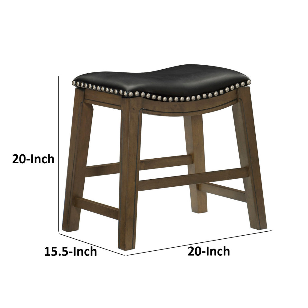 Miel 20 Inch Dining Stool, Black Faux Leather and Brown Solid Wood - BM314428