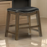 Miel 20 Inch Dining Stool, Black Faux Leather and Brown Solid Wood - BM314428