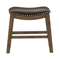 Miel 20 Inch Dining Stool, Brown Faux Leather, Brown Solid Wood, Nailheads - BM314429