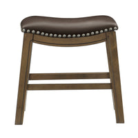 Miel 20 Inch Dining Stool, Brown Faux Leather, Brown Solid Wood, Nailheads - BM314429