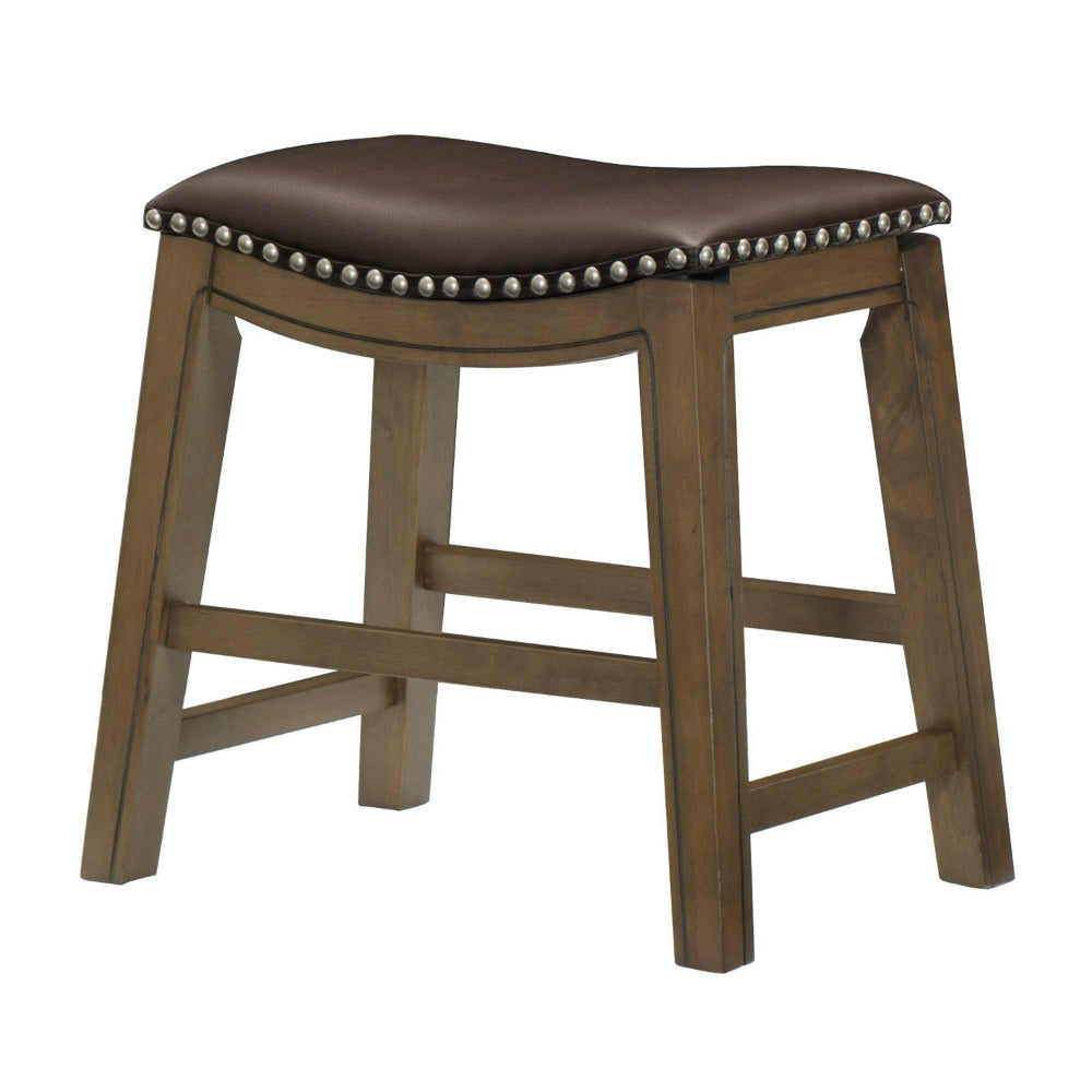 Miel 20 Inch Dining Stool, Brown Faux Leather, Brown Solid Wood, Nailheads - BM314429