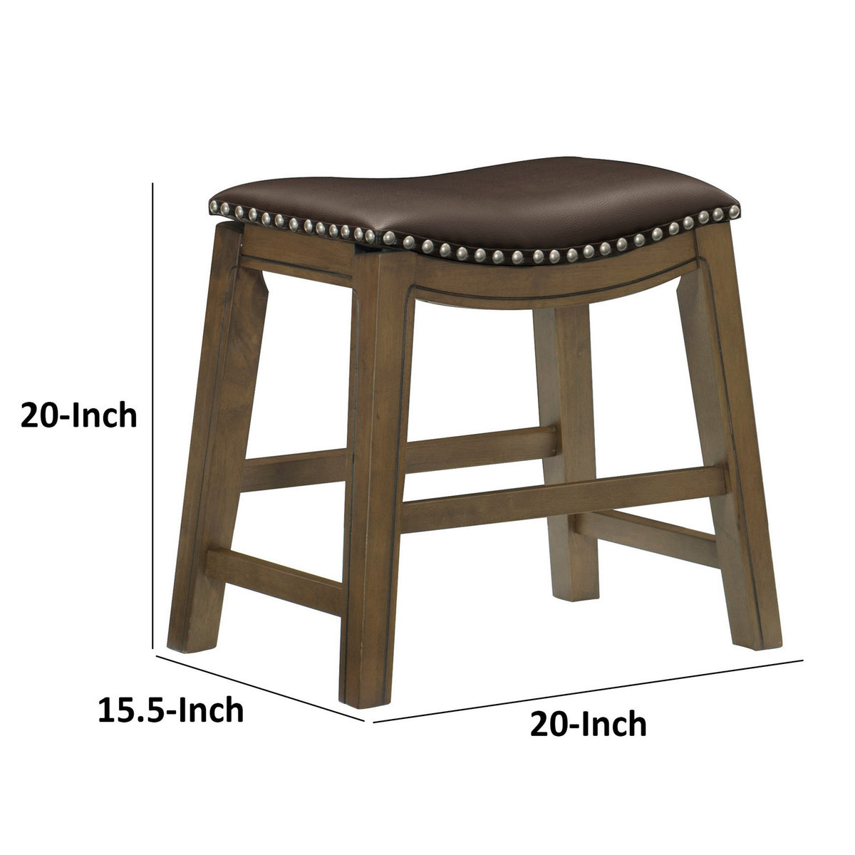 Miel 20 Inch Dining Stool, Brown Faux Leather, Brown Solid Wood, Nailheads - BM314429