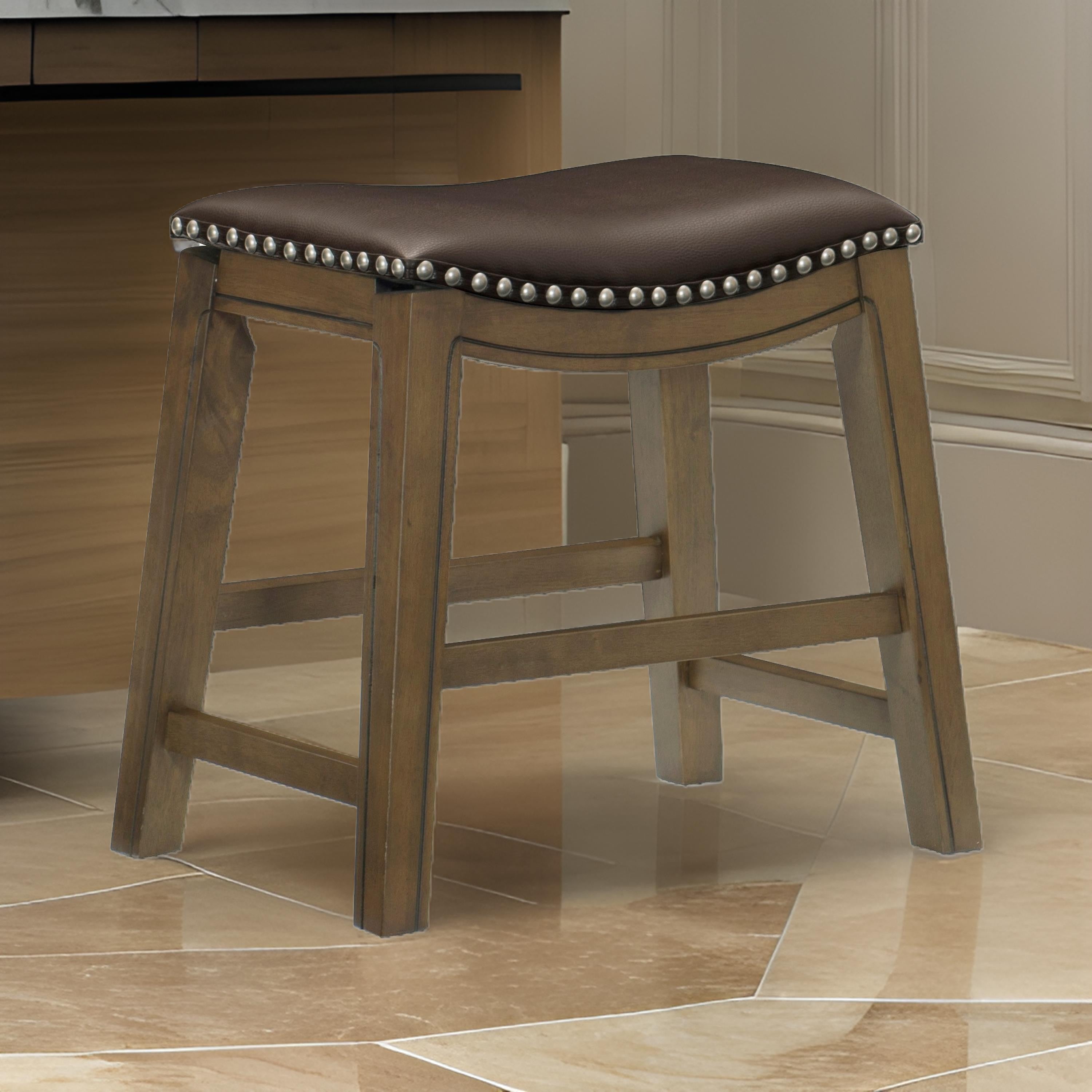 benzara Miel 20 Inch Dining Stool Brown Faux Leather Brown Solid Wood Nailheads - BM314429