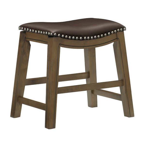 Miel 20 Inch Dining Stool, Brown Faux Leather, Brown Solid Wood, Nailheads - BM314429