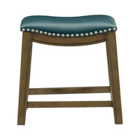 Miel 20 Inch Dining Stool, Green Faux Leather, Brown Solid Wood, Nailheads - BM314430