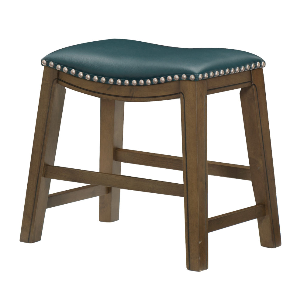 Miel 20 Inch Dining Stool, Green Faux Leather, Brown Solid Wood, Nailheads - BM314430