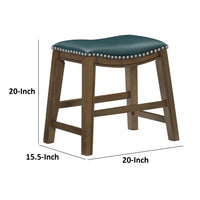 Miel 20 Inch Dining Stool, Green Faux Leather, Brown Solid Wood, Nailheads - BM314430