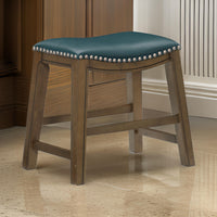 Miel 20 Inch Dining Stool, Green Faux Leather, Brown Solid Wood, Nailheads - BM314430