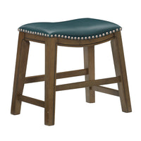 Miel 20 Inch Dining Stool, Green Faux Leather, Brown Solid Wood, Nailheads - BM314430