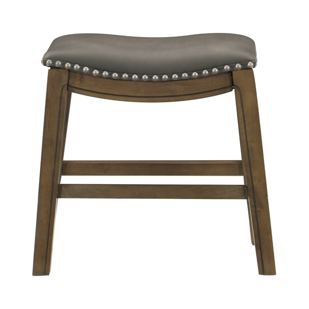 Miel 20 Inch Dining Stool, Gray Faux Leather, Brown Solid Wood, Nailheads - BM314431