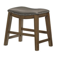 Miel 20 Inch Dining Stool, Gray Faux Leather, Brown Solid Wood, Nailheads - BM314431