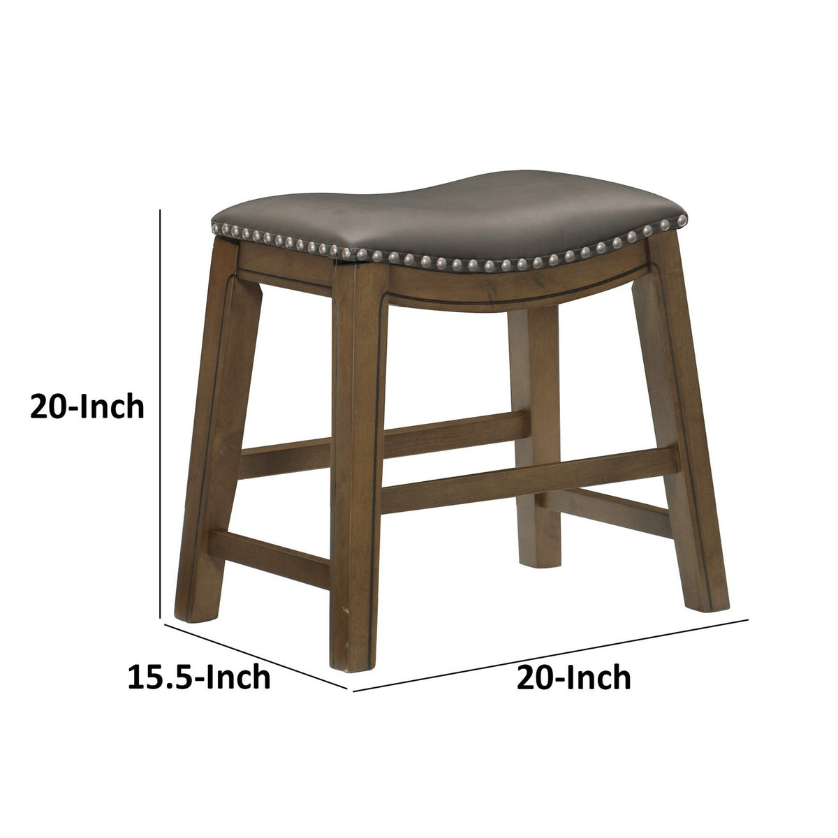 Miel 20 Inch Dining Stool, Gray Faux Leather, Brown Solid Wood, Nailheads - BM314431