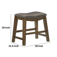 Miel 20 Inch Dining Stool, Gray Faux Leather, Brown Solid Wood, Nailheads - BM314431