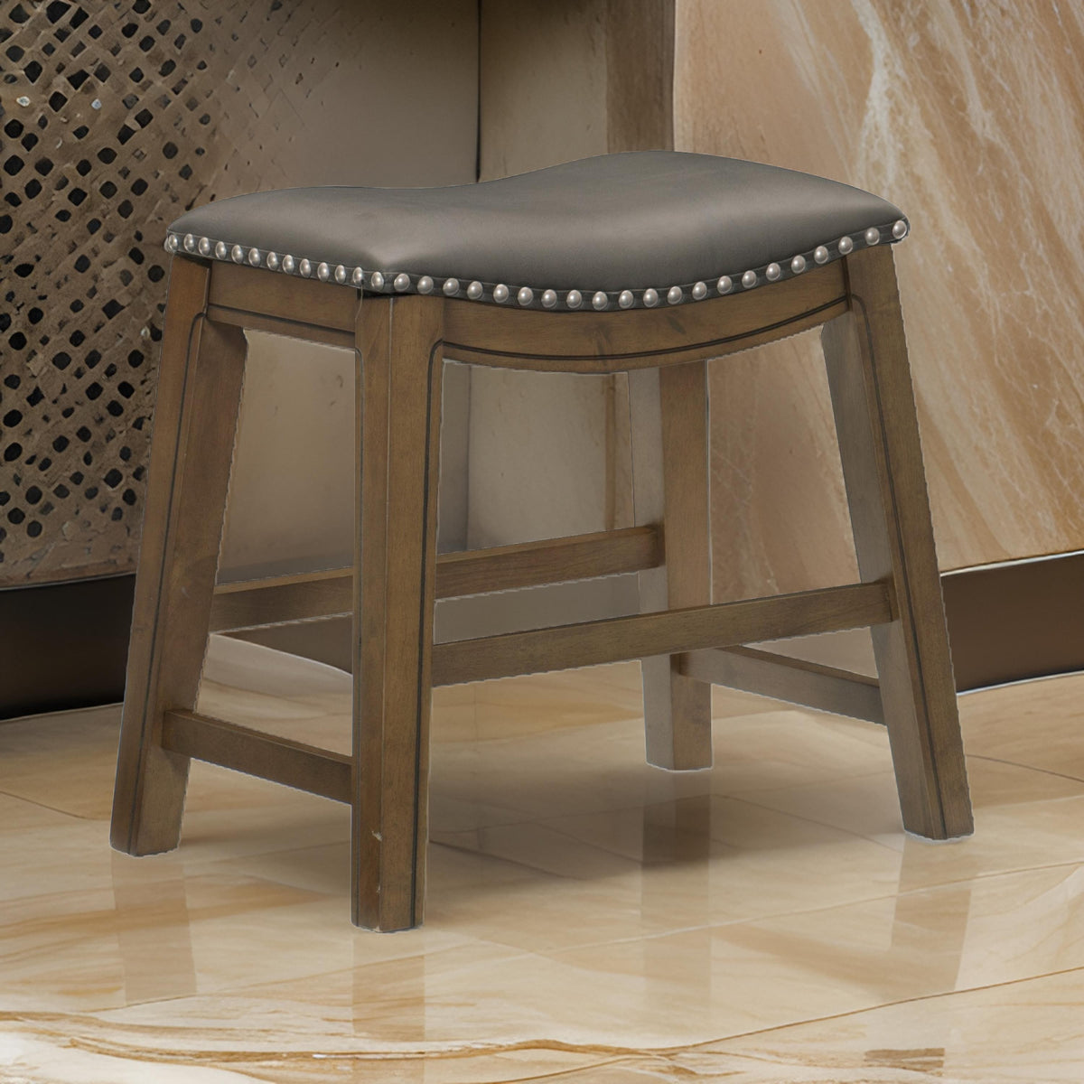 Miel 20 Inch Dining Stool, Gray Faux Leather, Brown Solid Wood, Nailheads - BM314431