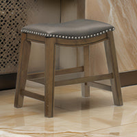 Miel 20 Inch Dining Stool, Gray Faux Leather, Brown Solid Wood, Nailheads - BM314431