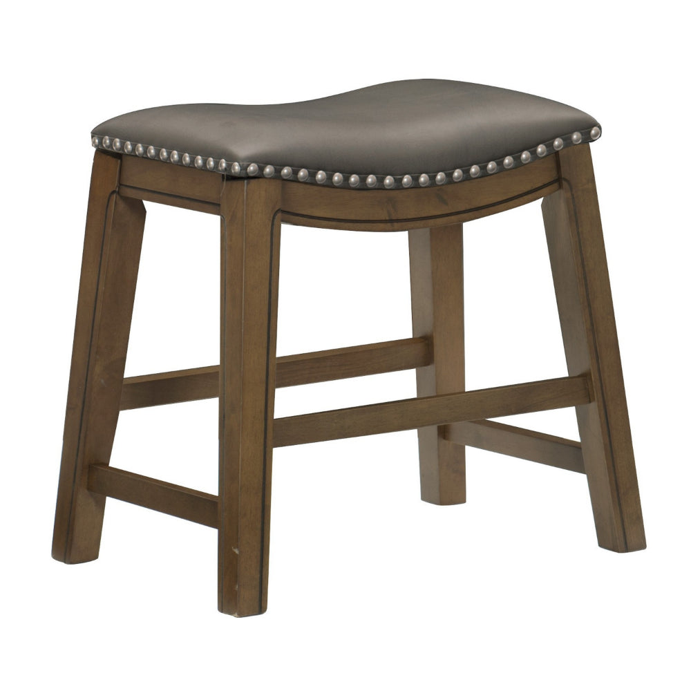 Miel 20 Inch Dining Stool, Gray Faux Leather, Brown Solid Wood, Nailheads - BM314431