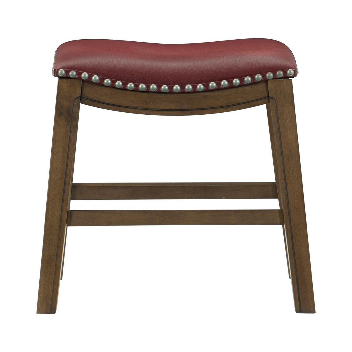 Miel 20 Inch Dining Stool, Red Faux Leather, Brown Solid Wood, Nailheads - BM314432