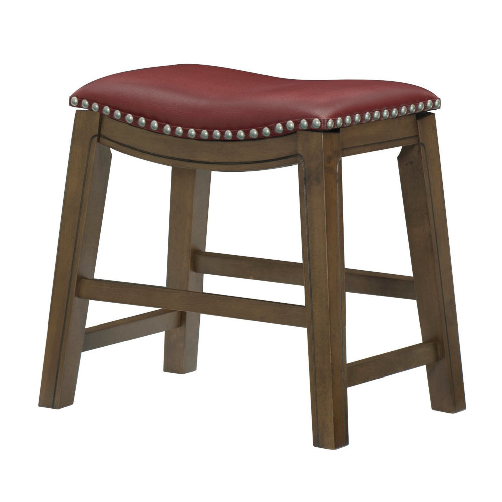 Miel 20 Inch Dining Stool, Red Faux Leather, Brown Solid Wood, Nailheads - BM314432