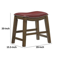 Miel 20 Inch Dining Stool, Red Faux Leather, Brown Solid Wood, Nailheads - BM314432