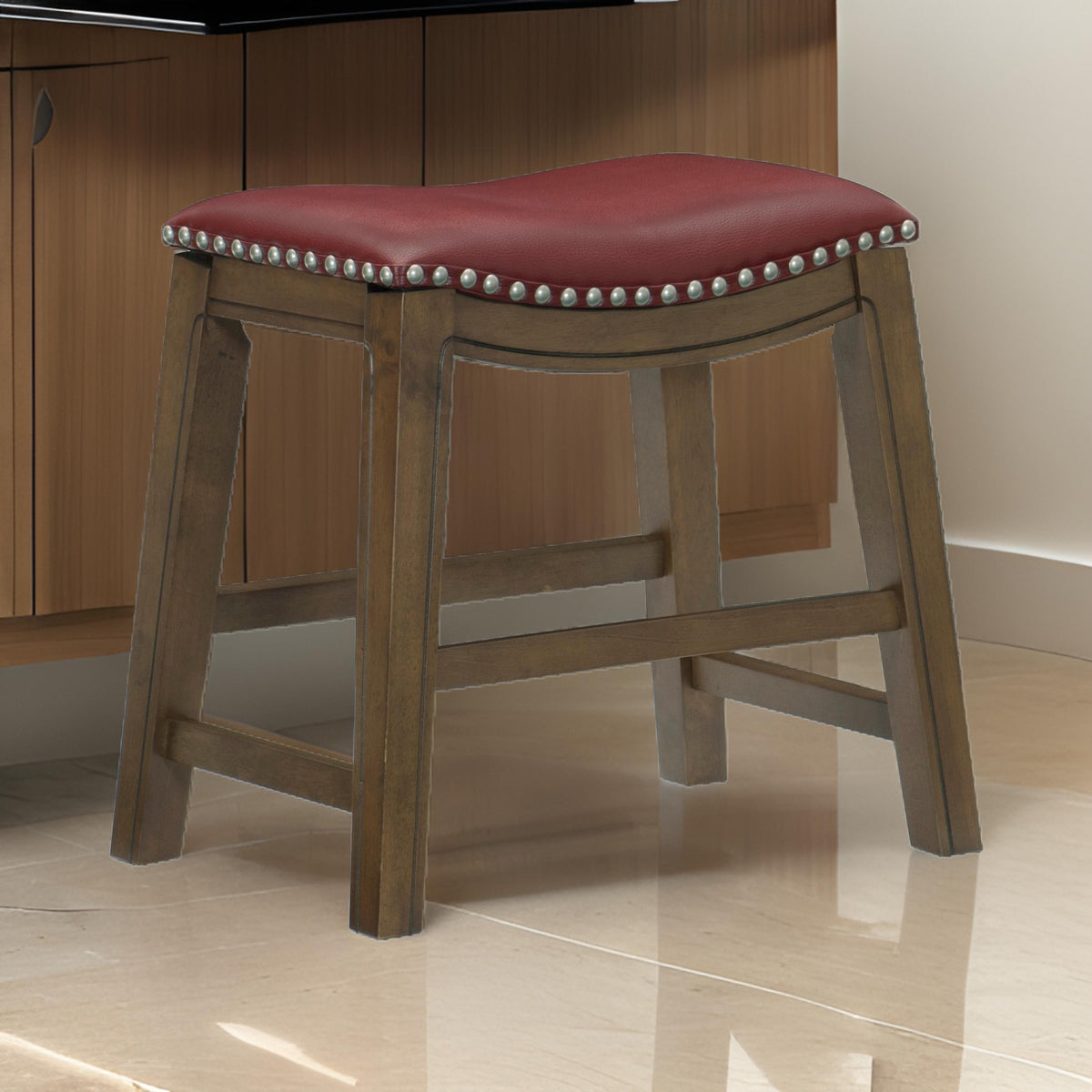 Miel 20 Inch Dining Stool, Red Faux Leather, Brown Solid Wood, Nailheads - BM314432