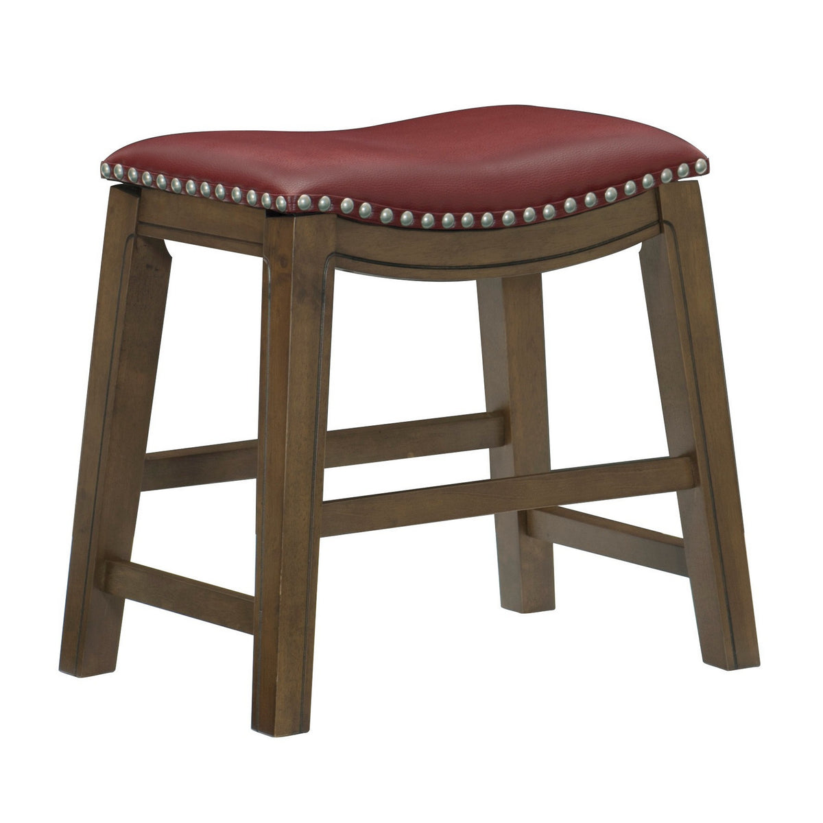 Miel 20 Inch Dining Stool, Red Faux Leather, Brown Solid Wood, Nailheads - BM314432