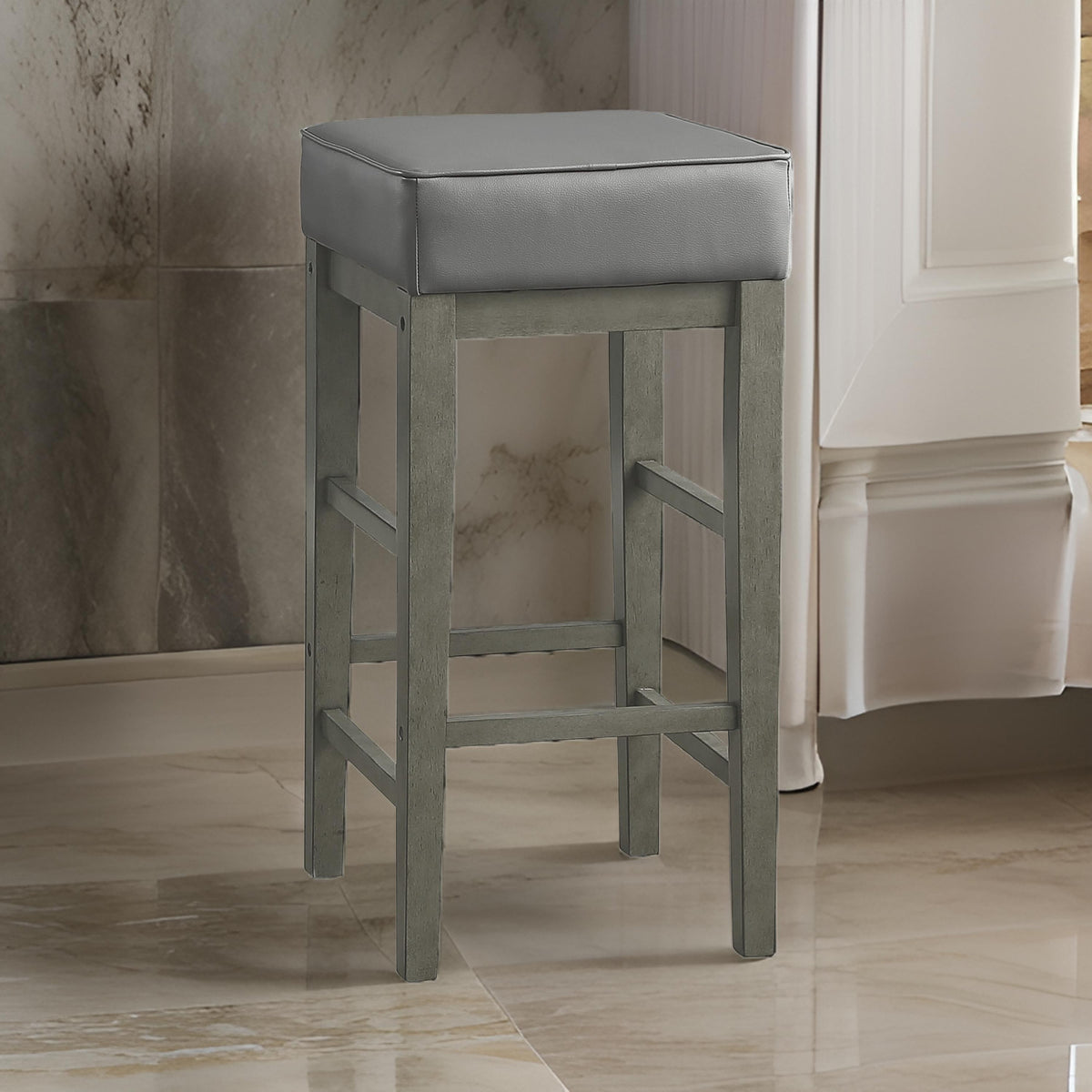 Vin 31 Inch Counter Height Stool, Gray Faux Leather Seat, Wood, Set of 2 - BM314436