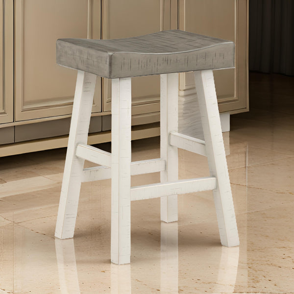 Casy 25 Inch Counter Height Stool, Saddle Seat, White Rubberwood, Set of 2 - BM314440