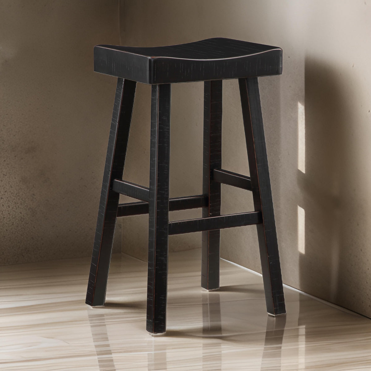 Casy 30 Inch Bar Height Stool, Saddle Seat, Black Rubberwood, Set of 2 - BM314441