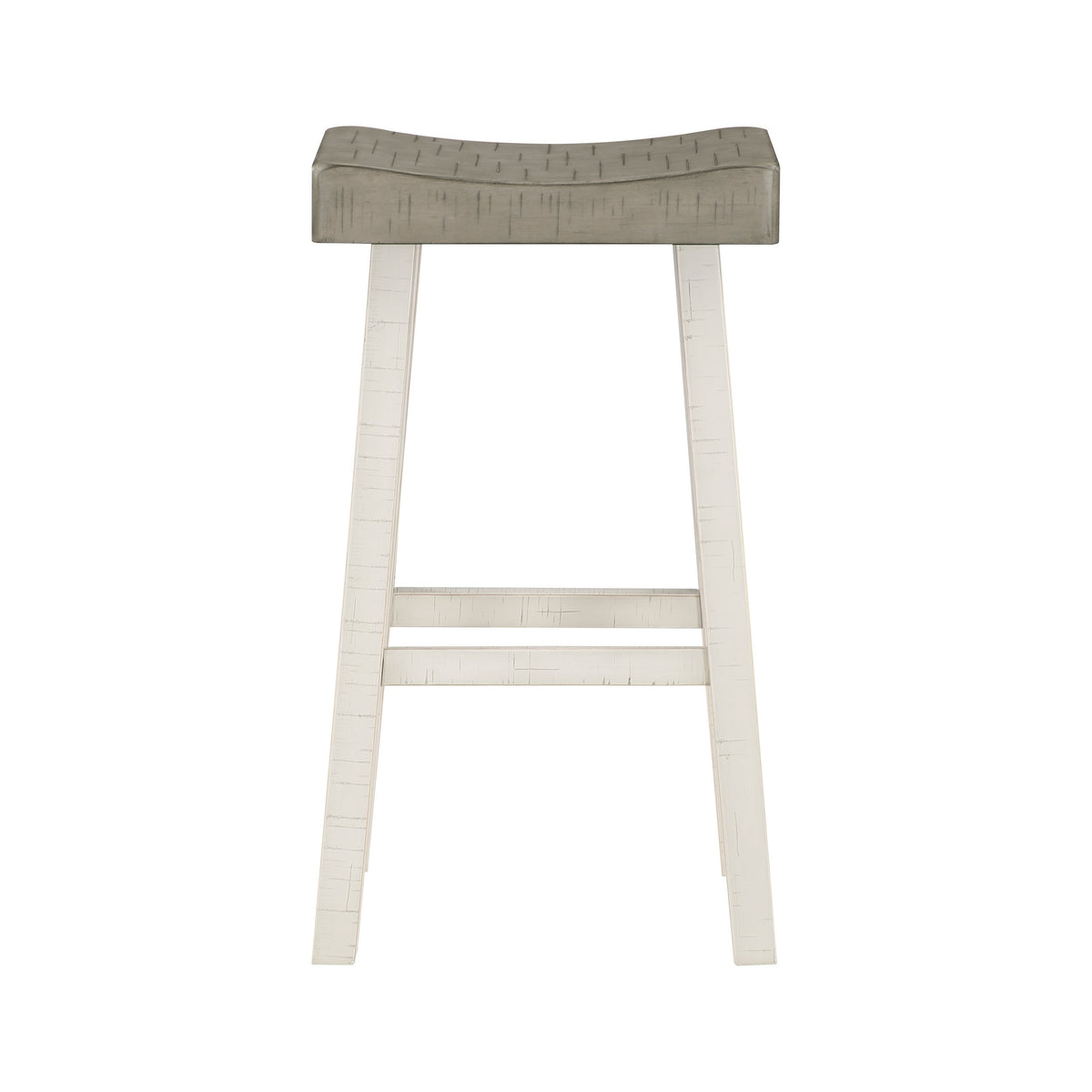 Casy 30 Inch Bar Height Stool, Gray Saddle Seat, White Rubberwood, Set of 2 - BM314443