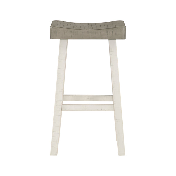 Casy 30 Inch Bar Height Stool, Gray Saddle Seat, White Rubberwood, Set of 2 - BM314443