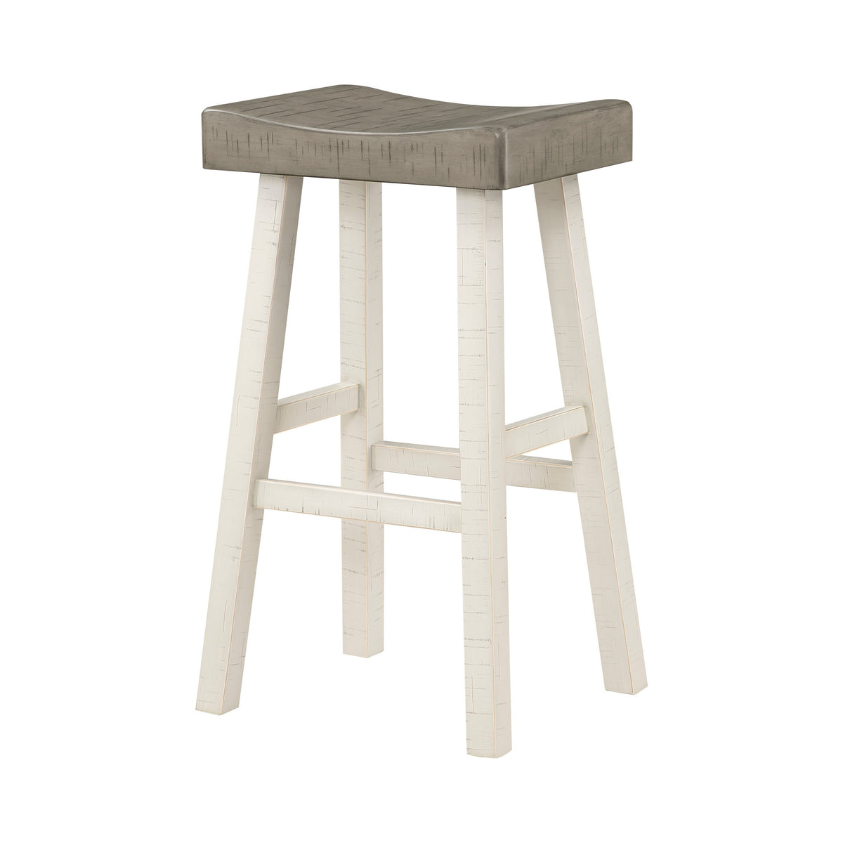 Casy 30 Inch Bar Height Stool, Gray Saddle Seat, White Rubberwood, Set of 2 - BM314443