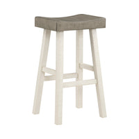 Casy 30 Inch Bar Height Stool, Gray Saddle Seat, White Rubberwood, Set of 2 - BM314443