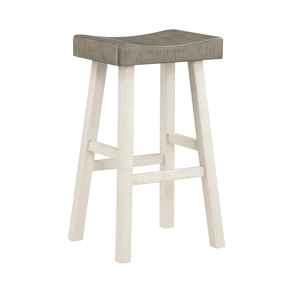 Casy 30 Inch Bar Height Stool, Gray Saddle Seat, White Rubberwood, Set of 2 - BM314443