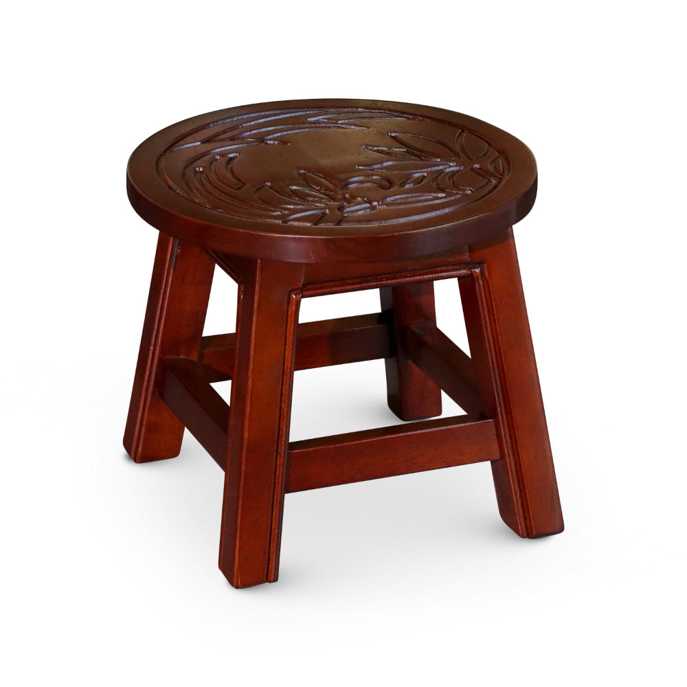 Sidi 11 Inch Step Stool Footrest, Wood Floral Print, Round, Cherry Finish - BM314450