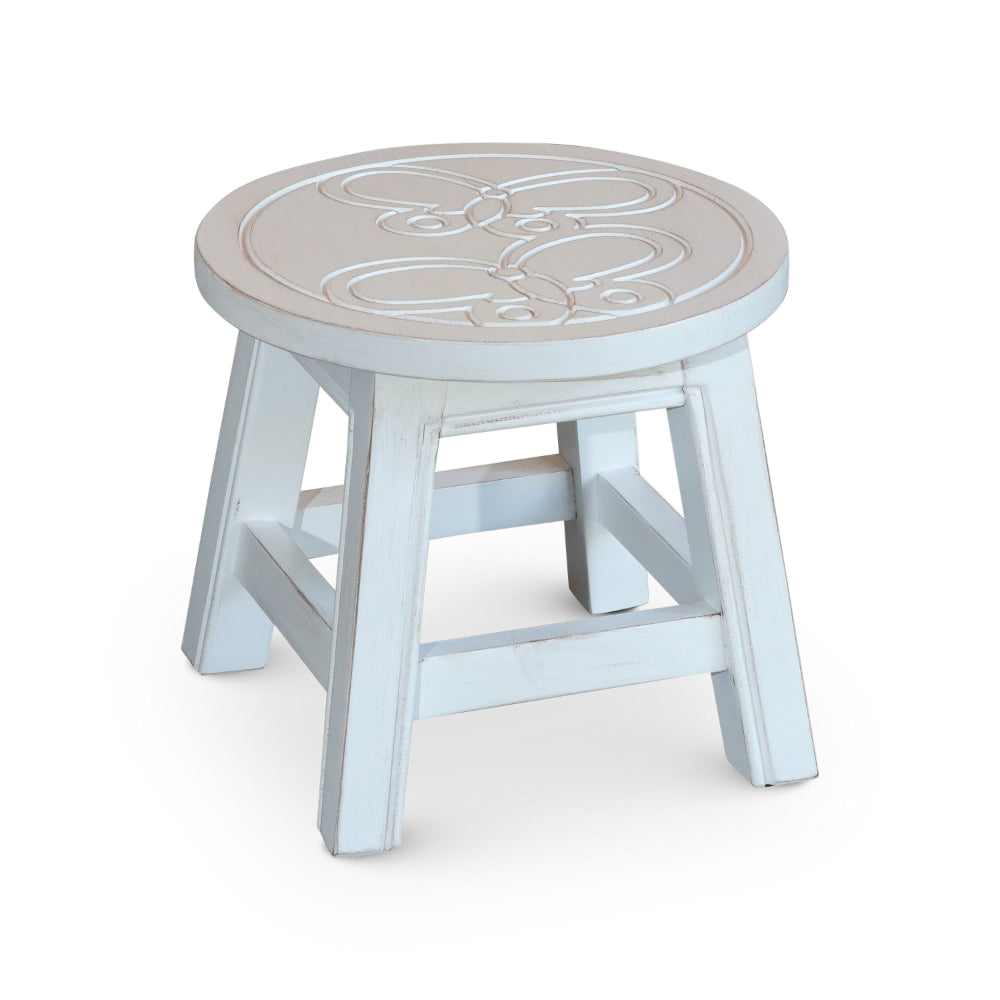 Sidi 11 Inch Step Stool Footrest, Wood Butterfly Print, Round, White - BM314454