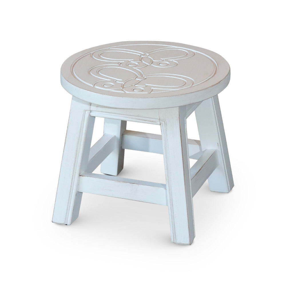 Sidi 11 Inch Step Stool Footrest, Wood Butterfly Print, Round, White - BM314454