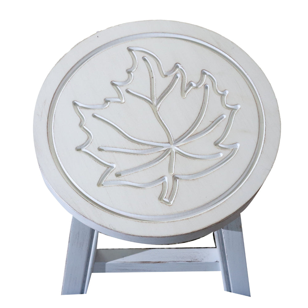 Sidi 11 Inch Step Stool Footrest, Wood Maple Leaf Print, Round, White - BM314455