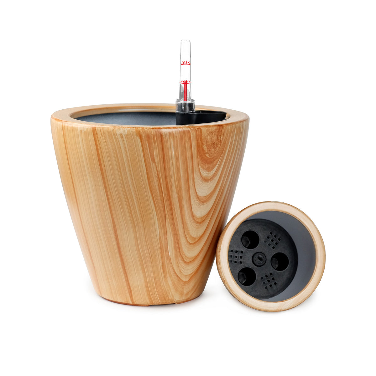 10 inch self watering planter Benzara 10 Inch Self Watering Planter Set of 2, Round Shaped Pot, Natural Brown