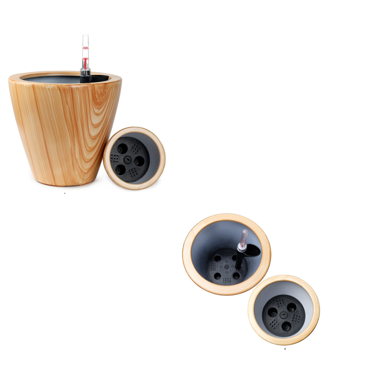 10 inch self watering planter Benzara 10 Inch Self Watering Planter Set of 2, Round Shaped Pot, Natural Brown