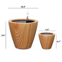 10 Inch Self Watering Planter Set of 2, Round Shaped Pot, Natural Brown - BM314464