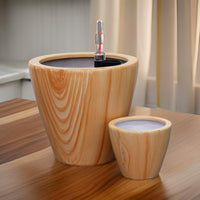 10 inch self watering planter Benzara 10 Inch Self Watering Planter Set of 2, Round Shaped Pot, Natural Brown