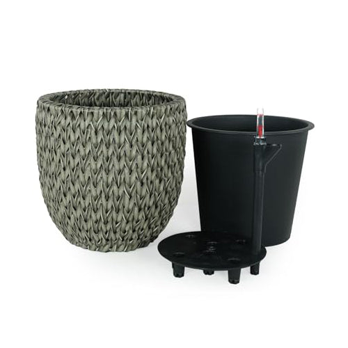 Wiki 15 Inch Self Watering Planter, Handwoven Rattan Wicker, Gray - BM314470