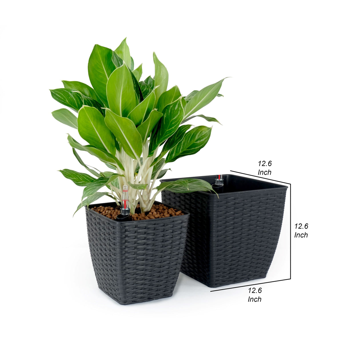 self watering planter kit Benzara Self Watering Planter Set of 2, Handwoven Rattan Wicker, Dark Gray