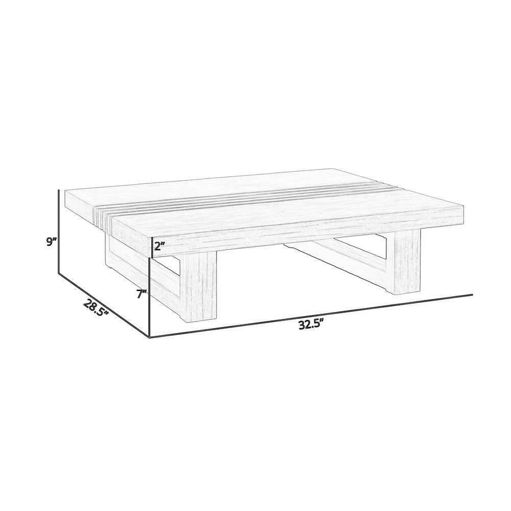 Hida 33 Inch Outdoor Patio Coffee Table, Grooved Top, Brown Eucalyptus Wood - BM314483