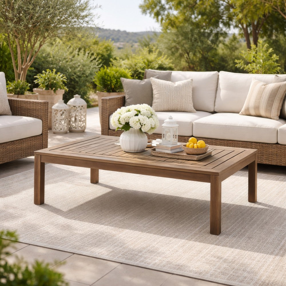 Sol 52 Inch Outdoor Coffee Table, Slatted Top, Weathered Eucalyptus Wood - BM314490